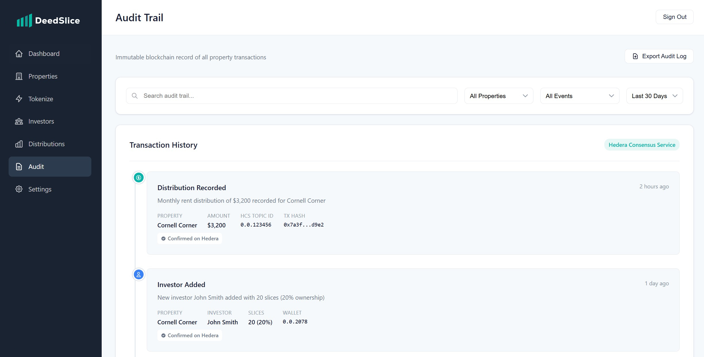DeedSlice Audit Trail — Immutable on-chain activity log